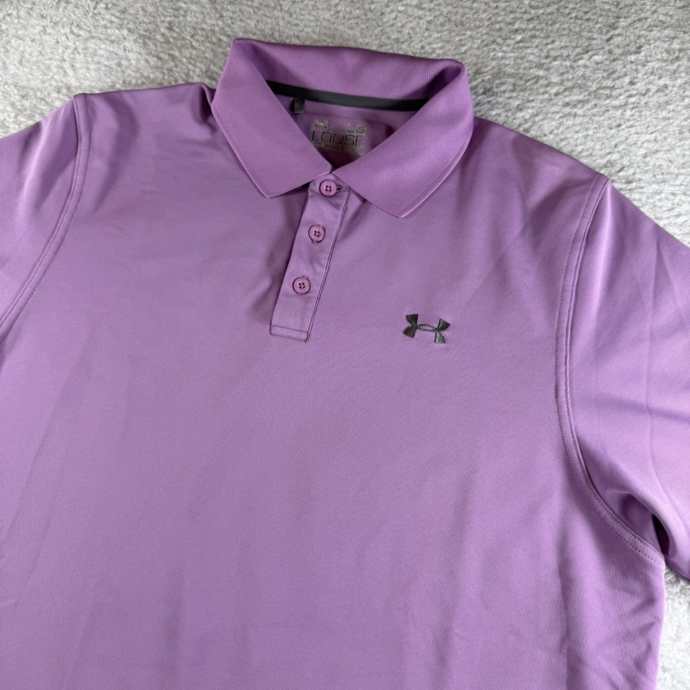 Under Armour Polo Shirt Mens LG Purple Good HeatGear Loose Fit Short Sleeve